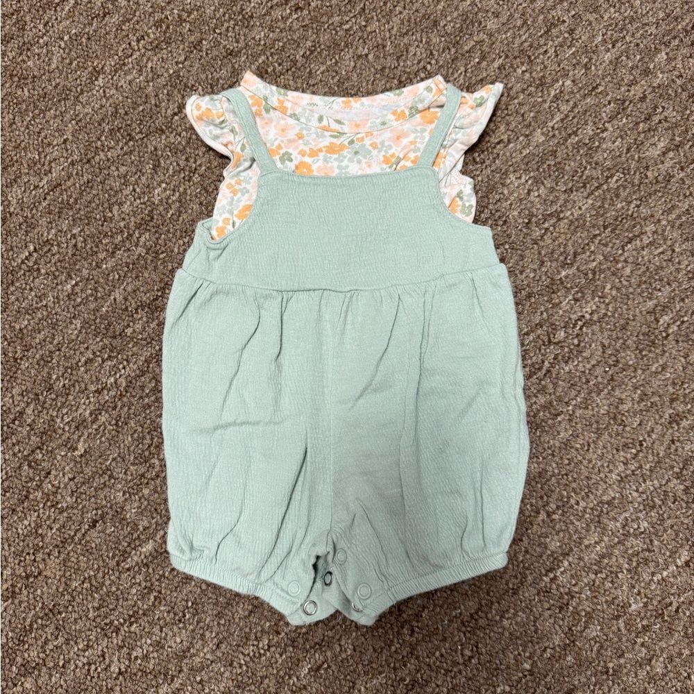 Floral Baby Romper with Mint Green Overalls 0/3month